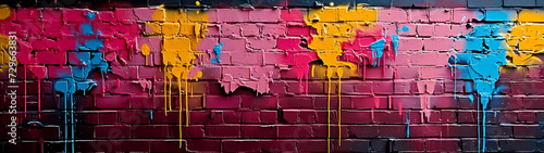 The ultra-wide canvas of the graffiti brick wall showcases a striking display of bold, thick paint strokes, imbuing the urban landscape with vibrant energy and expressive creativity