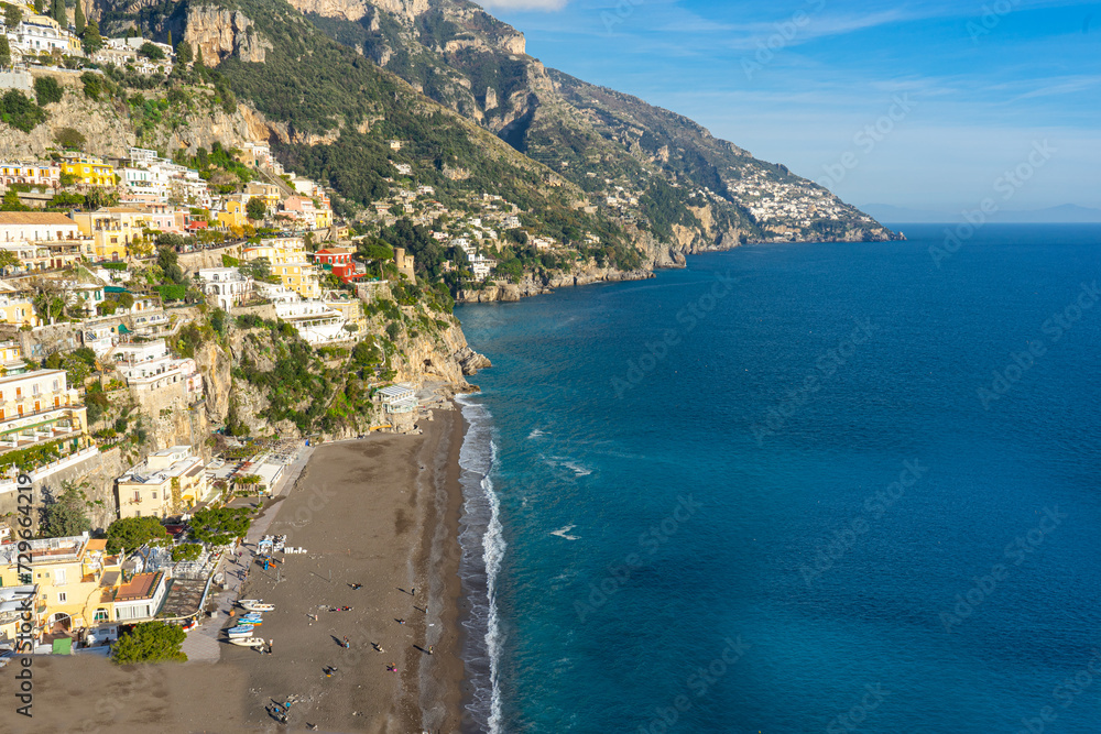 high and winding mountains, beach and sea typical of the town of Positano-Italy