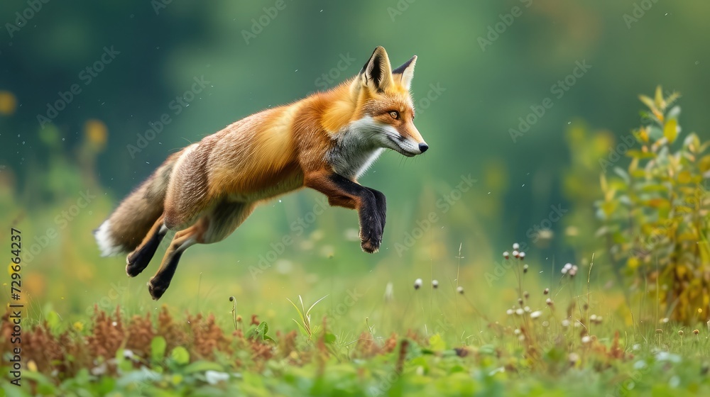 Red Fox jump hunting, Vulpes vulpes, wildlife scene from Europe. Orange fur coat animal in the nature habitat. - obrazy, fototapety, plakaty 