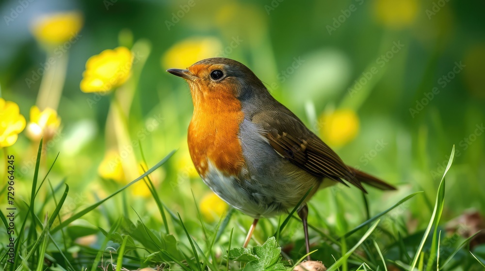Fototapeta premium Red Robin bird close up in the spring garden