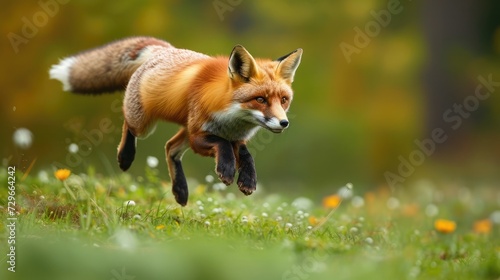 Red Fox jump hunting, Vulpes vulpes, wildlife scene from Europe. Orange fur coat animal in the nature habitat.