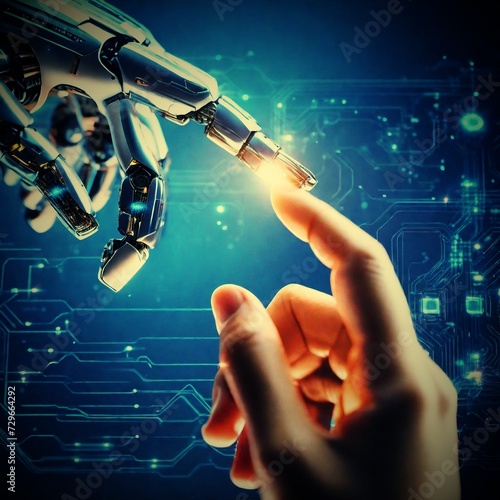 Robot Human Hand Future Artificial Machine human future. Human and robot hands touch with a futuristic backdrop resembling a circuit board #729664292