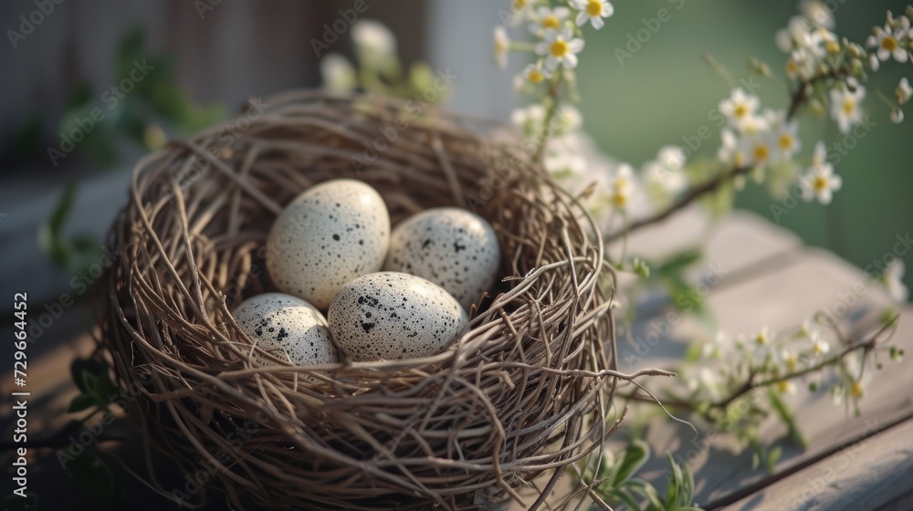 a bird's nest filled with eggs sitting on top of a wooden table next to a branch of a blossoming tree with white flowers in front of a blurry background. a bird's nest filled with eggs sitting on top of a wooden table next to a branch of a blossoming tree with white flowers in front of a blurry background.