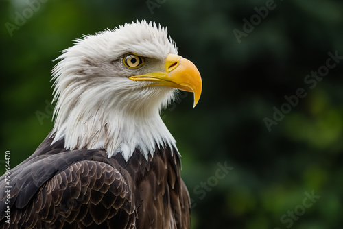 Close-up of a majestic bald eagle's head, showcasing its sharp yellow beak and intense gaze against a green background.