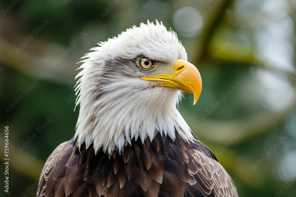 Profile of an American bald eagle with a focused expression, detailed feathers, and a sharp yellow beak, against a bokeh background. Profile of an American bald eagle with a focused expression, detailed feathers, and a sharp yellow beak, against a bokeh background.