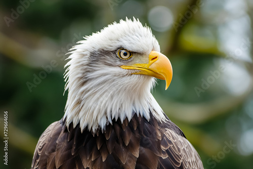 Profile of an American bald eagle with a focused expression, detailed feathers, and a sharp yellow beak, against a bokeh background.