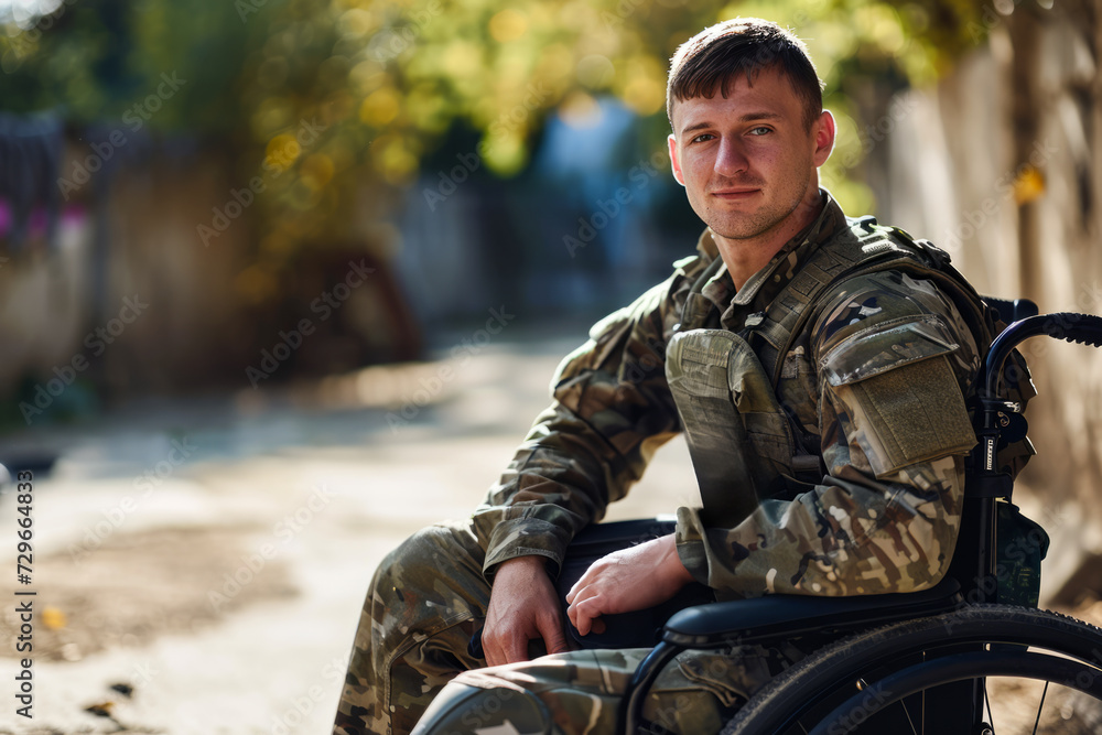 Man soldier in a Wheelchair Sitting on the Ground Outside a Building