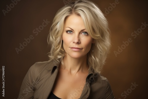 Portrait of a beautiful blond woman in a brown jacket on a brown background