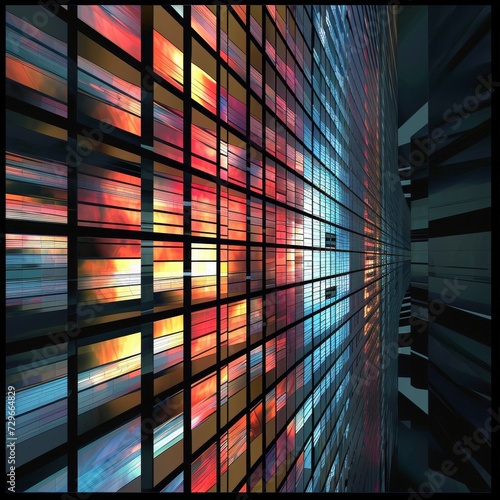 Abstract illustration featuring an oblique look at a very long wall of glowing rectangles in red and blue