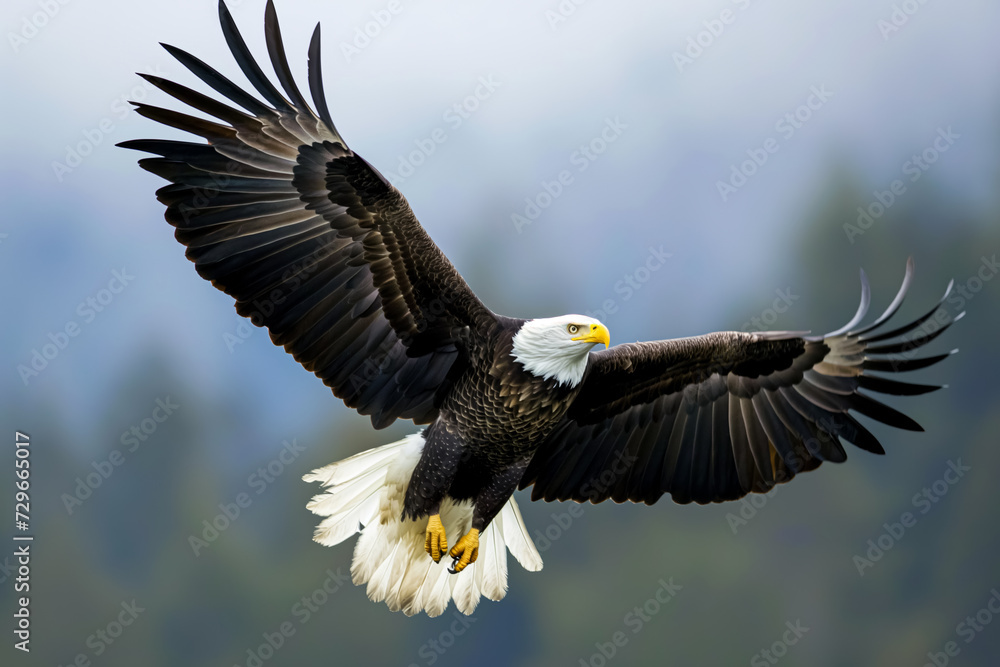 Obraz premium Majestic bald eagle in flight with wings spread wide, showcasing its impressive wingspan and white tail feathers against a hazy background.
