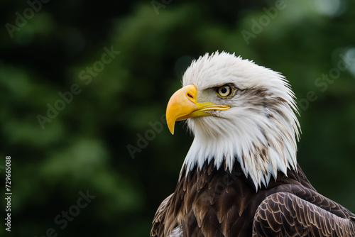 A close-up of a bald eagle s head with a sharp yellow beak and intense eyes  set against a backdrop of green foliage.
