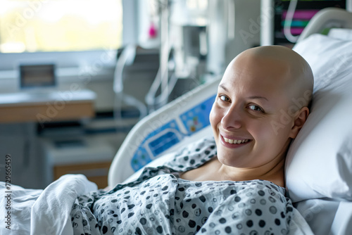 A woman with a bald head smiling optimistically in a hospital bed, wearing a gown, with medical equipment in the background.