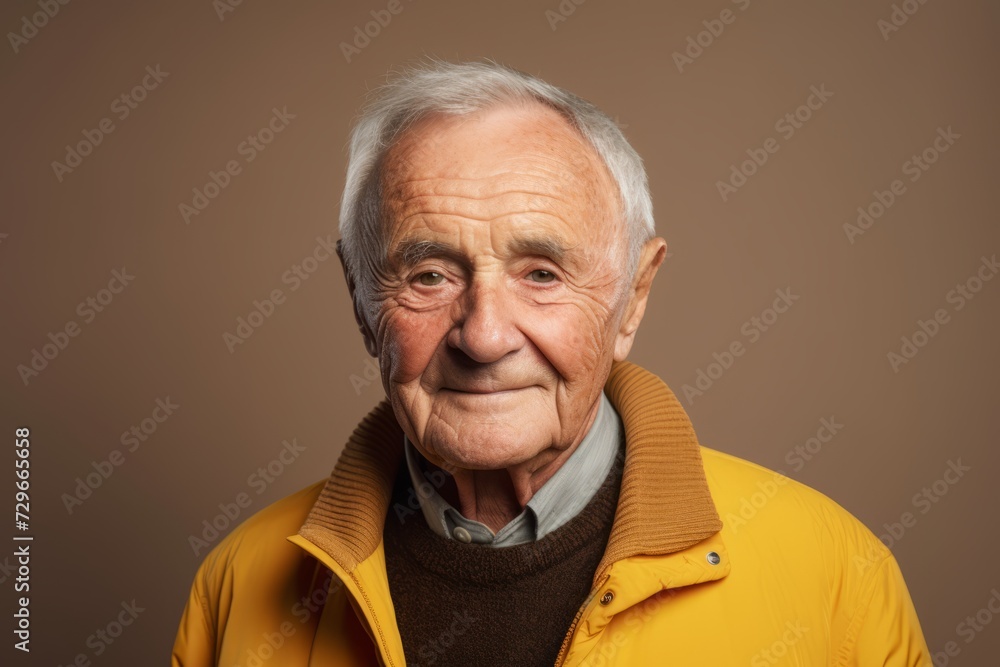 Portrait of an old man in a yellow jacket on a brown background Portrait of an old man in a yellow jacket on a brown background