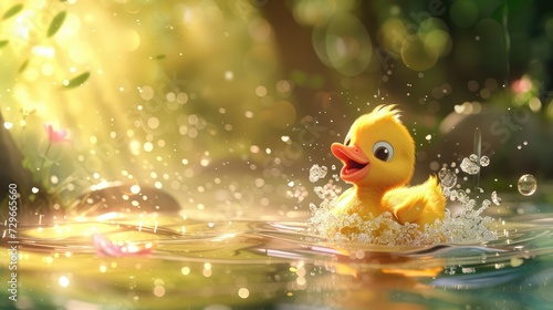 Yellow rubber duck swimming in blue water photo