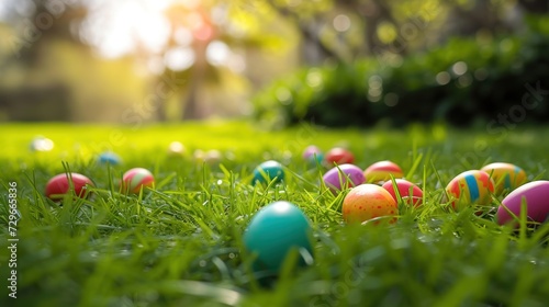  a bunch of colorful eggs laying on the ground in a field of green grass with the sun shining on the trees in the backgrouundle of the background.