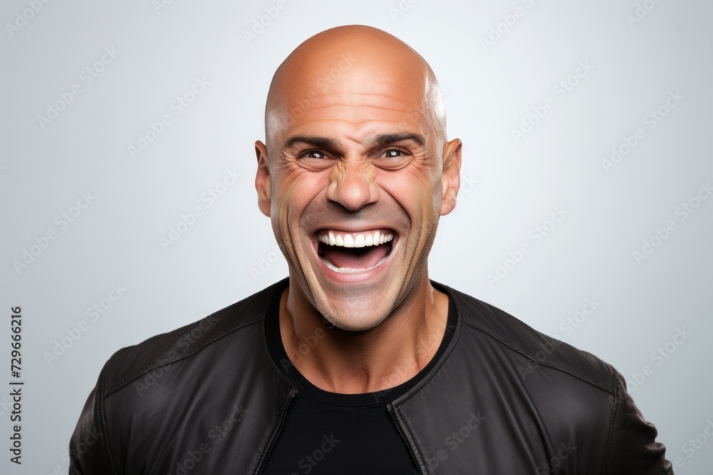 Handsome bald man laughing and looking at camera on grey background Handsome bald man laughing and looking at camera on grey background