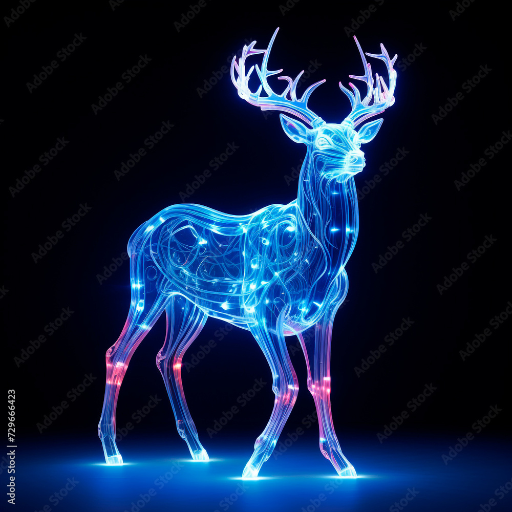 A deer that is made of fluorescent light, with neon light, beautiful, glass sculpture, mystical being, enchanted forest, on a dark background. 3D rendering concept design illustration. A deer that is made of fluorescent light, with neon light, beautiful, glass sculpture, mystical being, enchanted forest, on a dark background. 3D rendering concept design illustration.