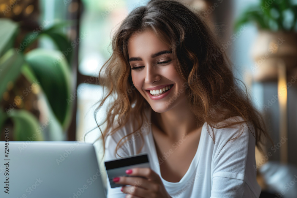 Young woman holding a credit card while shopping online using a laptop Young woman holding a credit card while shopping online using a laptop