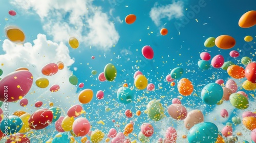  a bunch of balloons flying in the air with a blue sky in the back ground and clouds in the back ground and a lot of balloons floating in the air.