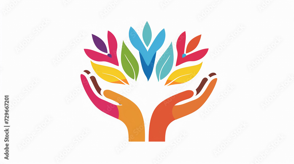 Logo, illustration of hands raised up to colorful twigs Logo, illustration of hands raised up to colorful twigs