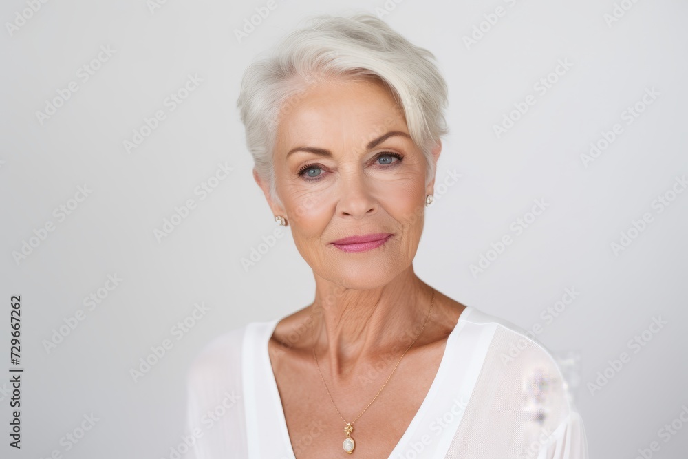 Portrait of a beautiful senior woman looking at the camera over grey background Portrait of a beautiful senior woman looking at the camera over grey background