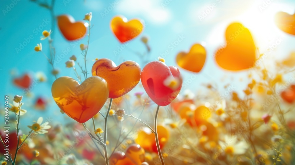 a bunch of heart shaped balloons in the middle of a field with daisies and daisies in the foreground and a bright blue sky in the back ground. a bunch of heart shaped balloons in the middle of a field with daisies and daisies in the foreground and a bright blue sky in the back ground.