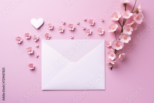  a white envelope surrounded by pink flowers and a heart on a pink background with a white envelope and a white heart on the left side of the image is surrounded by.