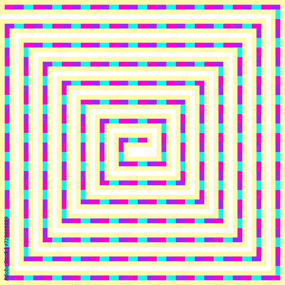 Pink, blue, and purple square spiral design with yellow border Pink, blue, and purple square spiral design with yellow border