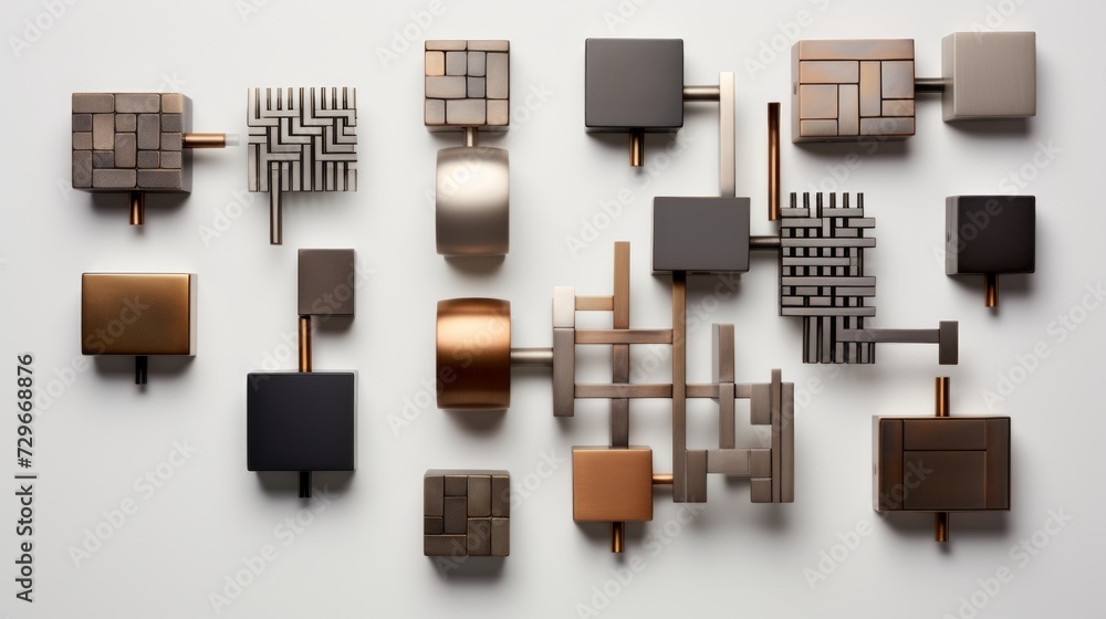 Collection of door hardware featuring geometric shapes and metallic ...