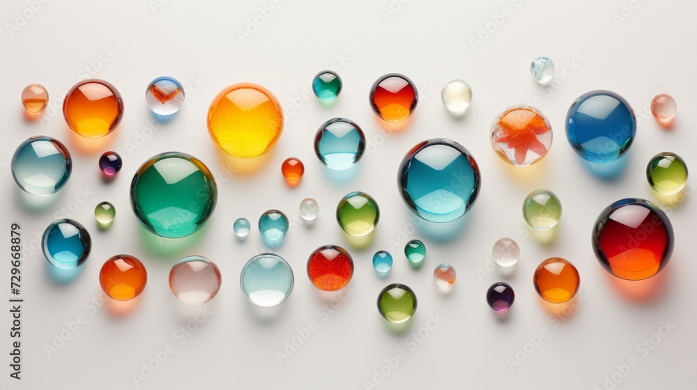 Assorted colored glass balls arranged neatly against a white background. Concept of glass art, marbles collection, color variety, transparent objects. Top view