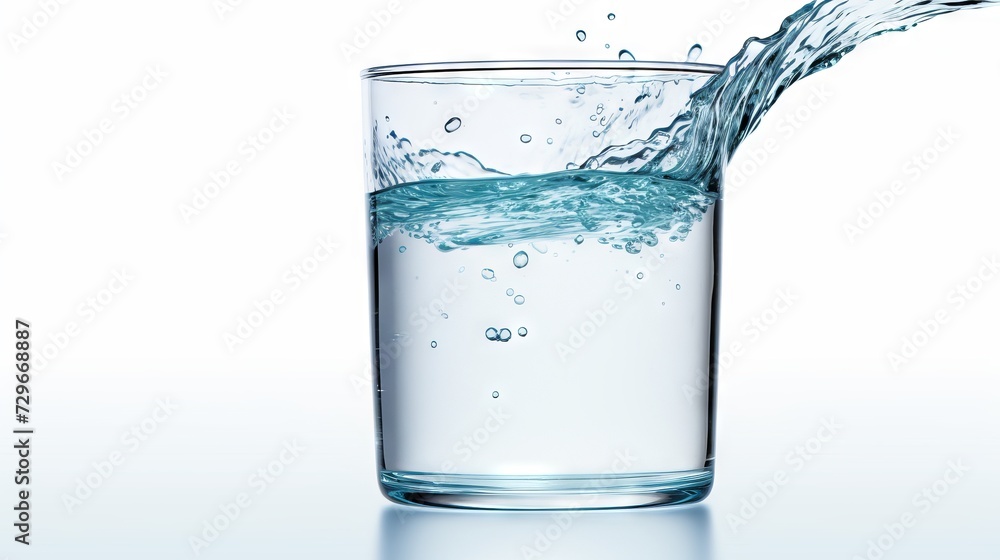 Crystal clear water filling a glass, causing a splash, against a white background. Evokes a sense of purity and refreshment. Concept of clean drinking water, health, ecology and refreshment Crystal clear water filling a glass, causing a splash, against a white background. Evokes a sense of purity and refreshment. Concept of clean drinking water, health, ecology and refreshment