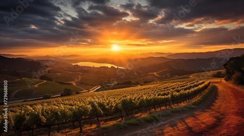 Sunset over a vineyard with radiant light and rolling hills landscape. Concept of serene vineyard at sunset  pastoral beauty  agricultural landscape  rural retreat  nature harmony  calmness