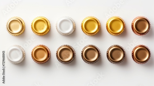 Assorted bottle caps in a row on white background. Top view. Concept of bottle tops, packaging, recyclable materials, product branding, craft beer, alcohol variety, collecting
