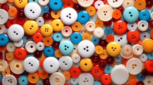 Multicolored sewing buttons spread out in abundance. Top view. Closeup. Concept of sewing  crafting  tailoring  colorful design  clothing repair  hobbies.