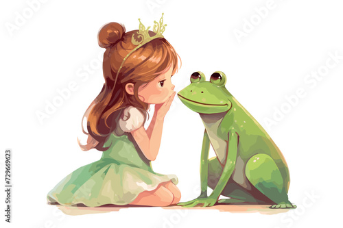 little girl and frog with crown vector illustration