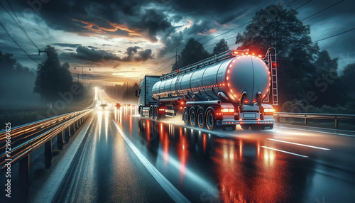 large fuel truck in rainy weather photo