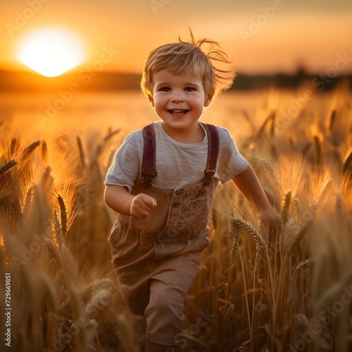 A young boy is running through the wheat fields as the sun is setting in the background - Generative AI