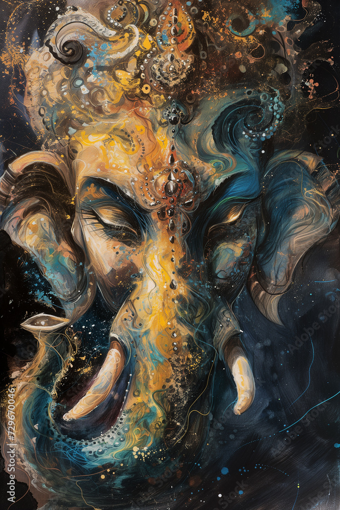 Watercolor Portrait of Hindu God Ganesha, Generative AI