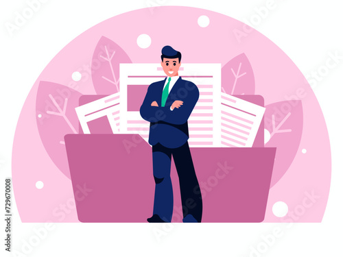 Businessman working with documents. Businessman stands with arms crossed on chest. Standing confident man in a suit and tie. Background with big folder with documents. Vector graphics