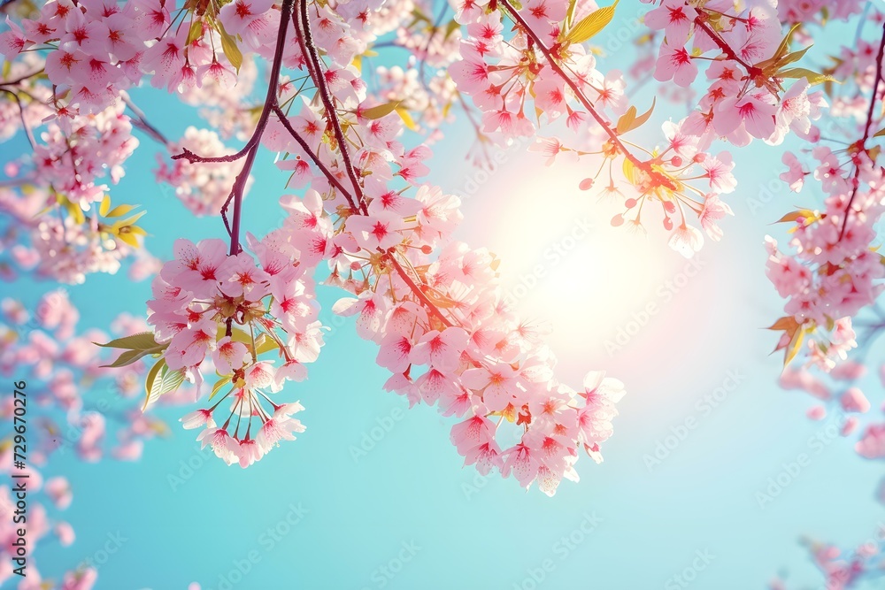 Branches of Blossoming Pink Sakura Macro With Soft Focus on Gentle Light Blue Sky Background in Sunlight With Copy Space. Beautiful Floral Image of Spring Nature.