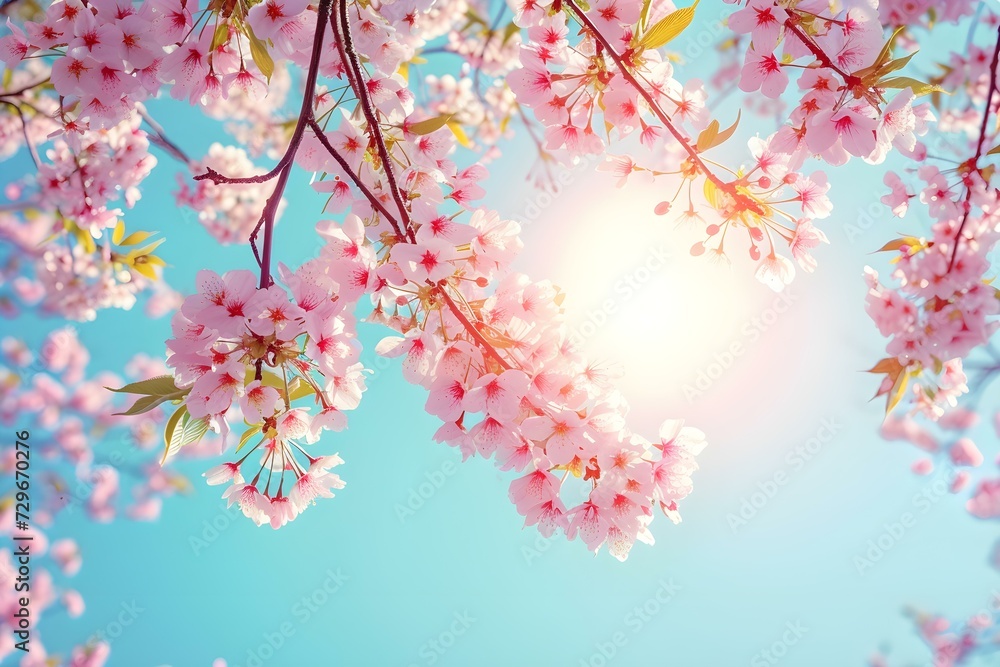Branches of Blossoming Pink Sakura Macro With Soft Focus on Gentle Light Blue Sky Background in Sunlight With Copy Space. Beautiful Floral Image of Spring Nature. Branches of Blossoming Pink Sakura Macro With Soft Focus on Gentle Light Blue Sky Background in Sunlight With Copy Space. Beautiful Floral Image of Spring Nature.