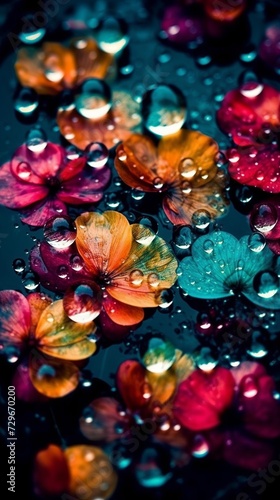 Water drops on colorful flower petals with shallow depth of field. Desktop wallpaper