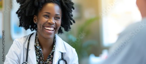Happy afro woman doctor consulting talk support to the patient in hospital. AI generated image