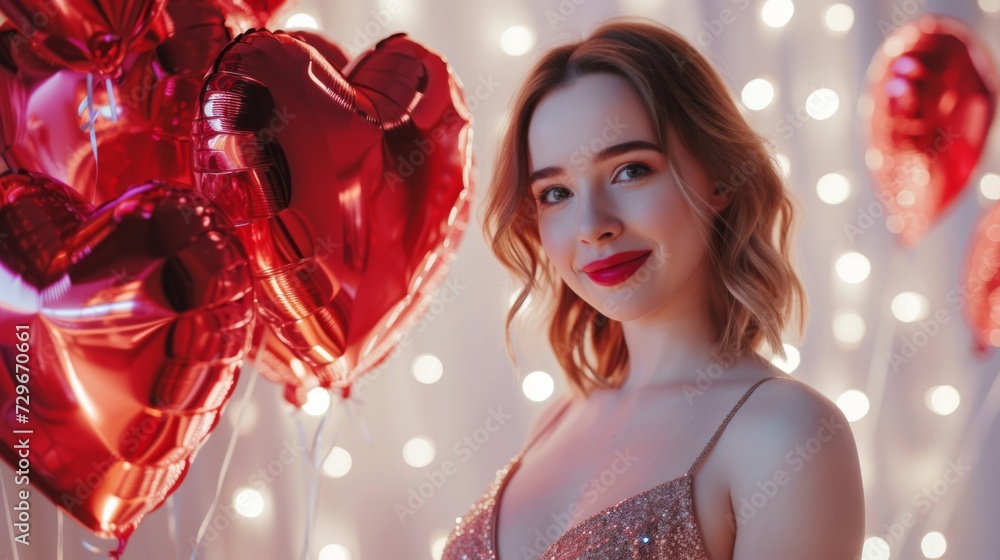 A happy woman with stylish long hair in an evening dress poses with heart-shaped balloons, on a white romantic backdrop for Valentine's Day A happy woman with stylish long hair in an evening dress poses with heart-shaped balloons, on a white romantic backdrop for Valentine's Day
