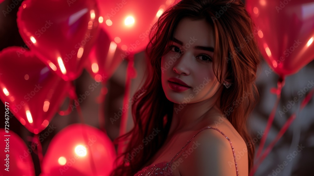 A happy young woman with chic long hair in a beautiful evening dress and makeup, brightly lit gentle face, heart-shaped balloons, dark romantic background, Valentine's Day celebration A happy young woman with chic long hair in a beautiful evening dress and makeup, brightly lit gentle face, heart-shaped balloons, dark romantic background, Valentine's Day celebration