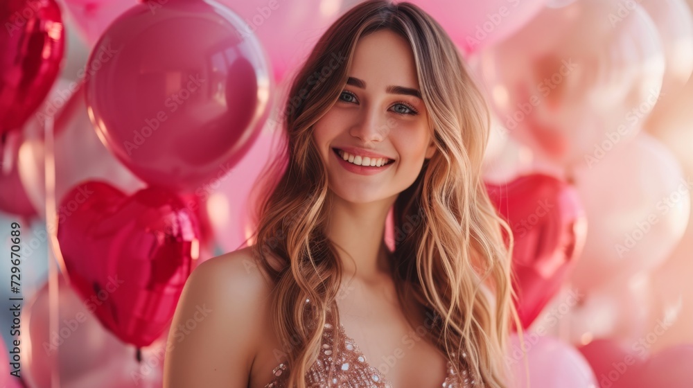 A joyous young woman with cascading wavy hair in a sparkling evening dress surrounded by heart-shaped balloons on a festive background