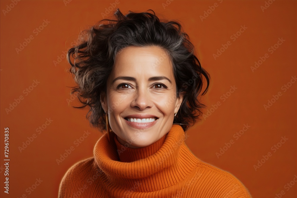 Portrait of smiling woman in orange sweater and scarf on orange background Portrait of smiling woman in orange sweater and scarf on orange background