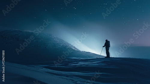  a man standing on top of a snow covered slope next to a mountain under a night sky with stars and a light shining on the top of the mountain in the distance. © Anna