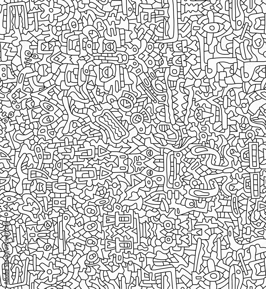 A black and white abstract hand-drawn drawing of chaotic shapes.Seamless pattern.