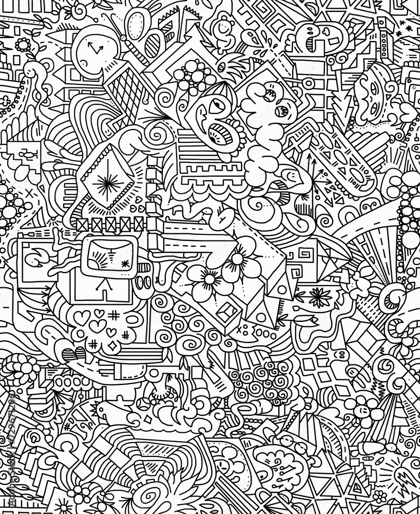 Fototapeta premium A black and white abstract hand-drawn drawing of chaotic shapes.Seamless pattern.